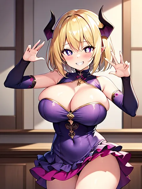 front pin, Succubus, 1 girl, alone, highest quality, Succubus dress, purple clothes, contrasting, layered skirt, short hair, blonde hair, shiny hair, white pupils, grin and laugh, grin, big breasts, stylish pose, ruffle dress, cute,