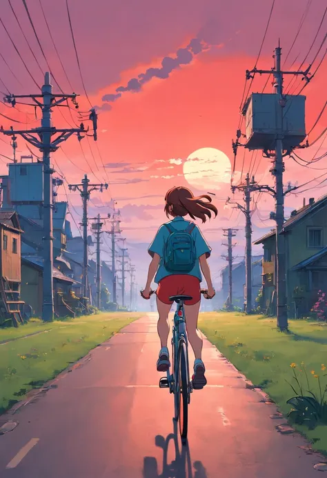 a girl rides a bicycle, in running shorts, short shorts, road with power towers in the background, inspired by Simon Stalenhag, nuclear art, red skies, anime aesthetic, suburban, ufology
