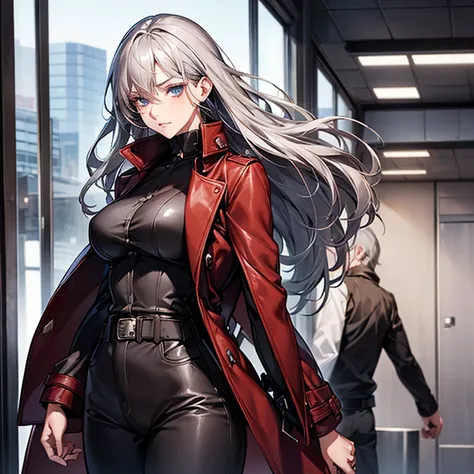 (mature woman１name), (gray hair, super short:1.3), blue colored eyes, (medium breasts), (red leather long coat), belt, pants, office, masterpiece, high quality, ((nfsw:1.3))