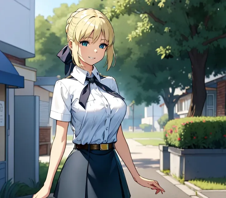 one very young slim fit girl, full height, rounded face, big blue eyes, shy smile, perfect huge breasts, pioneer neckerchief, micro tight blue pleated skirt, bangs, tight white shirt, short sleeves, collared shirt, belt, red neckerchief, breast pocket, bra...