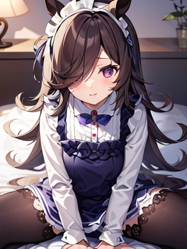 figure, better lighting, highest quality; dark lighting, Angle from above; Cowgirl, sit on girl; spread your legs, Place your hand in front of your crotch, The crotch is covered by the arms, implicit insert, The usual cute smile, Transparent Costume, Maid ...