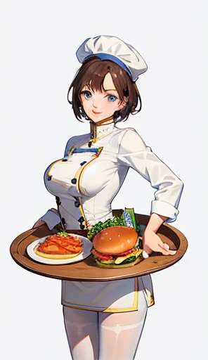 masterpiece, (highest quality), very detailed, Super detailed, light, alone, (1 girl), detailed eye, brown hair, blue eyes, smile, short hair, chef, (chefhat), (chefuniform), food, Burger, lips, lipstick, compensate, pantyhose, dish, tray, tomato