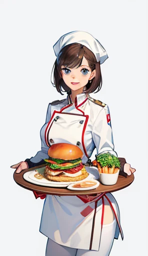 masterpiece, (highest quality), very detailed, Super detailed, light, alone, (1 girl), detailed eye, brown hair, blue eyes, smile, short hair, chef, (chefhat), (chefuniform), food, Burger, lips, lipstick, compensate, pantyhose, dish, tray, tomato