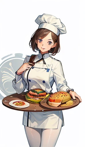 masterpiece, (highest quality), very detailed, Super detailed, light, alone, (1 girl), detailed eye, brown hair, blue eyes, smile, short hair, chef, (chefhat), (chefuniform), food, Burger, lips, lipstick, compensate, pantyhose, dish, tray, tomato