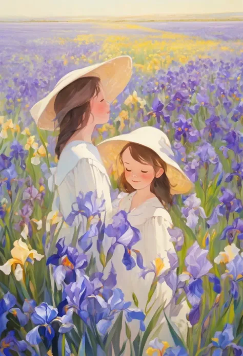 Landscape photo of a vast field of irises, Twin girls standing in a flower field and looking up at the blue sky, Beautiful fragrant iris flowers,Artistic Graphic Arts