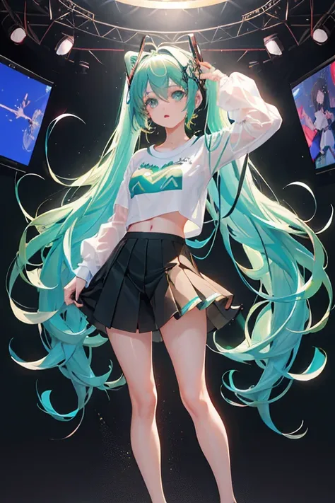 (Seios grandes Hatsune Miku，electronic singer，cabelo verde，Ombros nus，uma saia preta，mangas pretas，(Blusa de cor branca)，Roupas brancas，8k，A high resolution，olhos verdes，fundo do concerto，No local do concerto，em concerto，Only beautiful thighs are exposed，t...