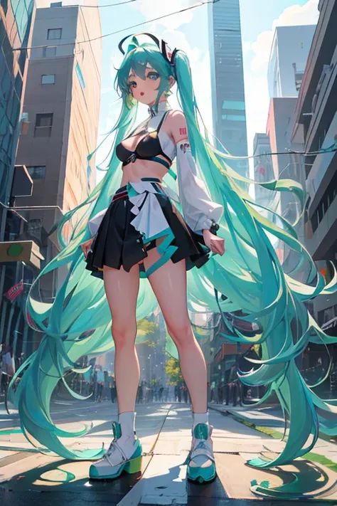 (Seios grandes Hatsune Miku，electronic singer，cabelo verde，Ombros nus，uma saia preta，mangas pretas，(Blusa de cor branca)，Roupas brancas，8k，A high resolution，olhos verdes，fundo do concerto，No local do concerto，em concerto，Only beautiful thighs are exposed，t...