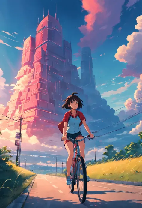 a girl rides a bicycle, in running shorts, short shorts, road under a cloudy sky, inspired by Simon Stalenhag, glowing temple in the distance, lone industrial!!! spaceship!!, red cloud light, temple
