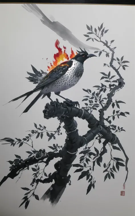 shukezouma, shuimobysim, ((starling)), willow branches, (masterpiece, best quality: 1.2), ((Traditional Chinese ink painting)), model style, bamboo branches, bamboo, wuchangshuo, red, orange, black, fire, starling, bird
