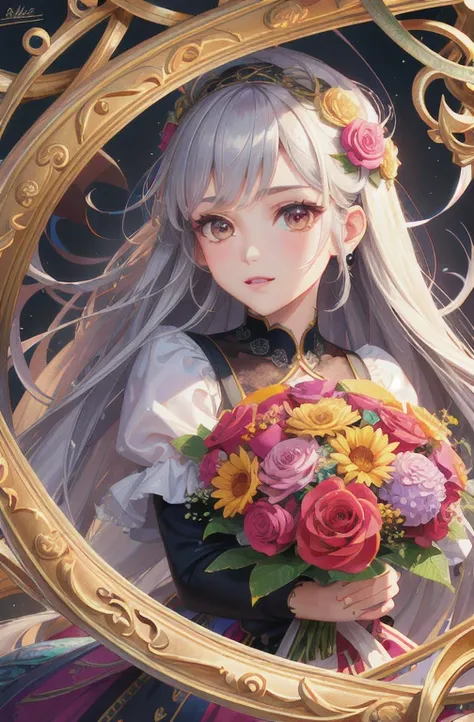 (ultra-detailed background, detailed background), disorganized, High resolution, super detailed, very detailed, 1 girl, (bouquet:1.3), (tangled:1.2), (geometric:1.2),(colorful),  