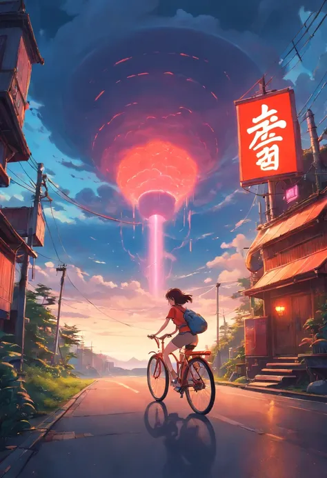 a girl rides a bicycle, in running shorts, short shorts, road under a cloudy sky, inspired by Simon Stalenhag, glowing temple in the distance, lone industrial!!! spaceship!!, red cloud light, temple
