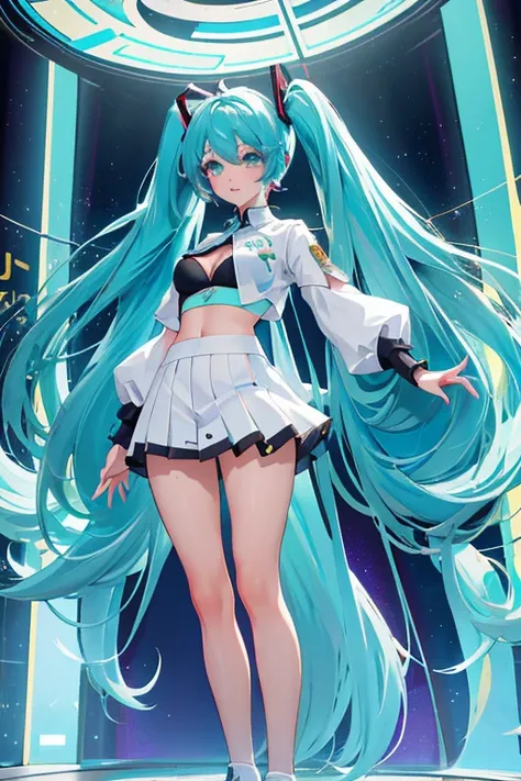 (Seios grandes Hatsune Miku，electronic singer，cabelo verde，Ombros nus，uma saia preta，mangas pretas，(Blusa de cor branca)，Roupas brancas，8k，A high resolution，olhos verdes，fundo do concerto，No local do concerto，em concerto，Only beautiful thighs are exposed，t...