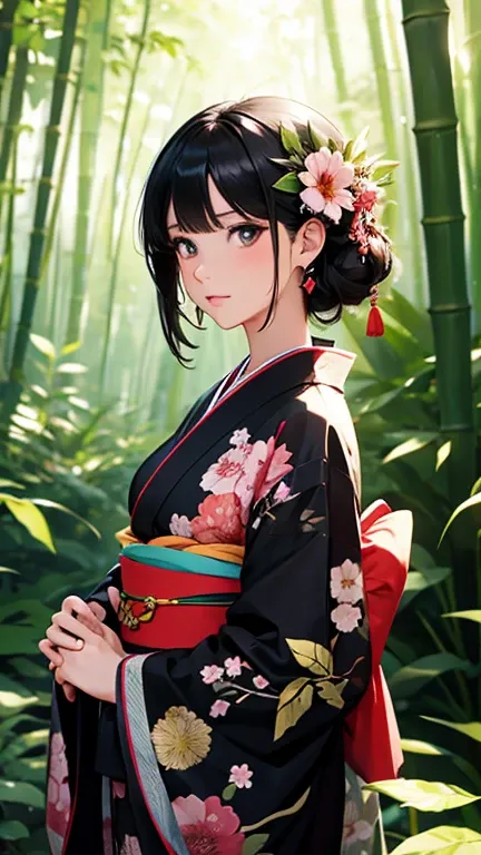 ((masterpiece)), surreal, Portrait of a beautiful fair-skinned anime woman (floral kimono), light makeup, bright eyes, glossy black hair, intricate hair ornament, (small breasts), In the bamboo forest