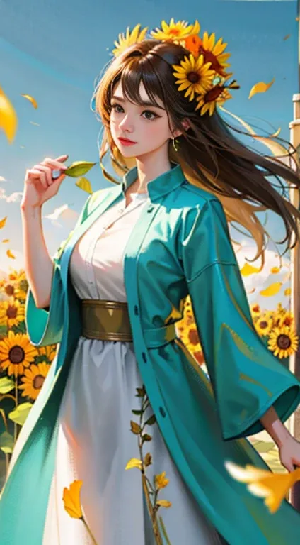 1 girl，solo，Floral，sunflower，freckles，sports late，leaf，by bangs，signature，yellow flower，brown hair，white long hair，green eyes，hair between eyes，Flower Earrings，
exterior，forest，
in the afternoon，after it rains，Dindal effect，
full body photo，Vision，
The win...