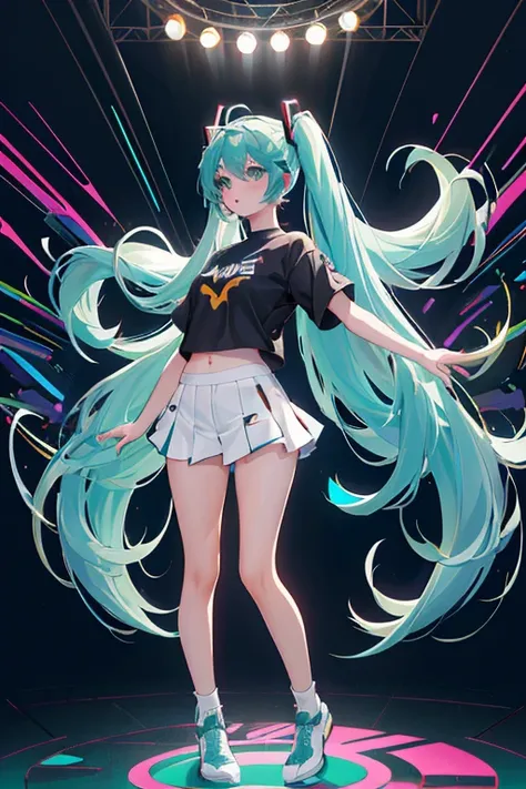 (Seios grandes Hatsune Miku，electronic singer，cabelo verde，Ombros nus，uma saia preta，mangas pretas，(Blusa de cor branca)，Roupas brancas，8k，A high resolution，olhos verdes，fundo do concerto，No local do concerto，em concerto，Only beautiful thighs are exposed，t...