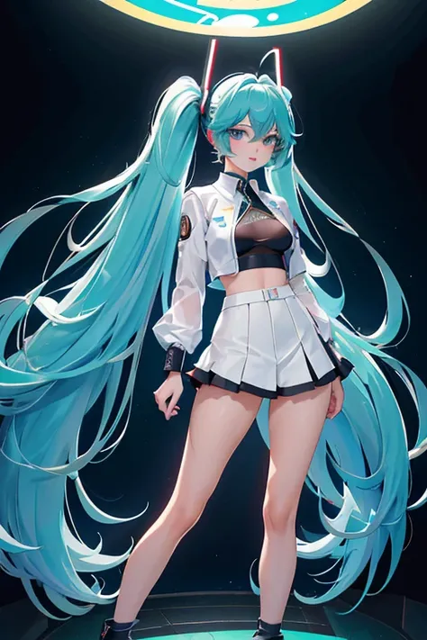 (Seios grandes Hatsune Miku，electronic singer，cabelo verde，Ombros nus，uma saia preta，mangas pretas，(Blusa de cor branca)，Roupas brancas，8k，A high resolution，olhos verdes，fundo do concerto，No local do concerto，em concerto，Only beautiful thighs are exposed，t...