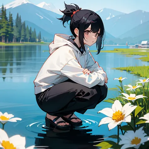 woman、black hair、ponytail、hoodie、sunny、lake、flower、squat