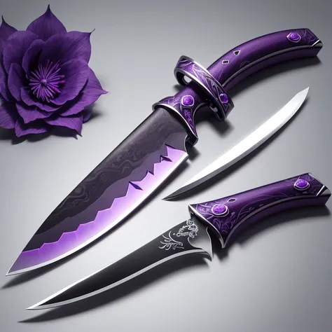 Create a knife which has a semi-translucent effect and also has a handle placement with purple details that is less realistic, make it like a drawing