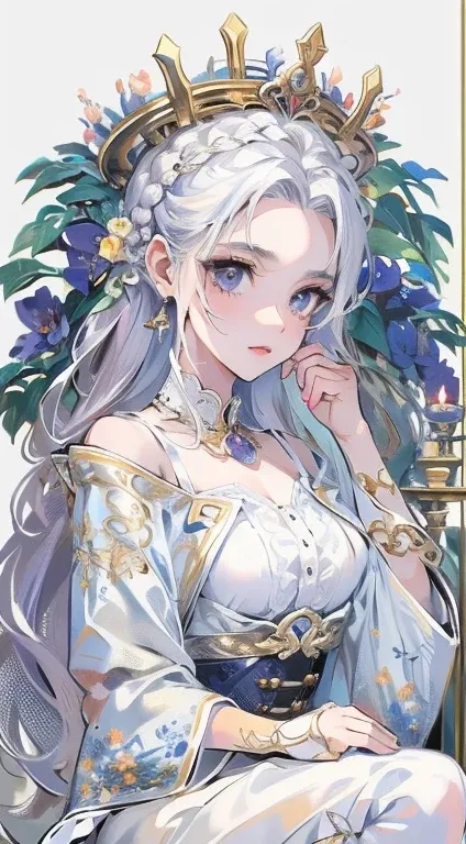 highest quality, very detailed, masterpiece, super detailed, (reality: 1.2), 1 girl, (white background), simple background, delicate eyes, silver hair, purple eyes, hair_ornament, (white off shoulder shirt: 1.3), long hair, sharp_ear, crown_Braid, No expre...