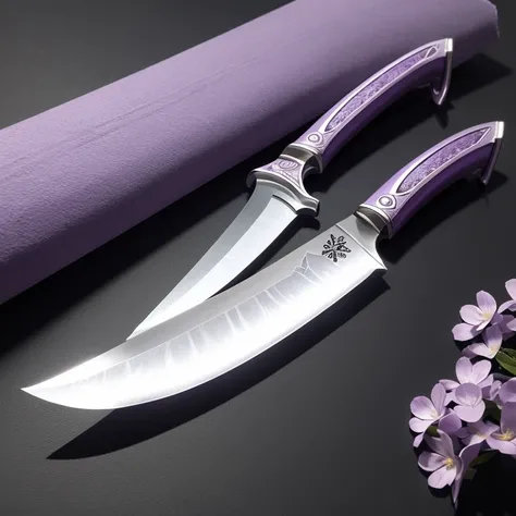 Create a knife which has a semi-translucent effect and also has the handle placed slightly on the blade with lilac details, less realistic, make it like a drawing