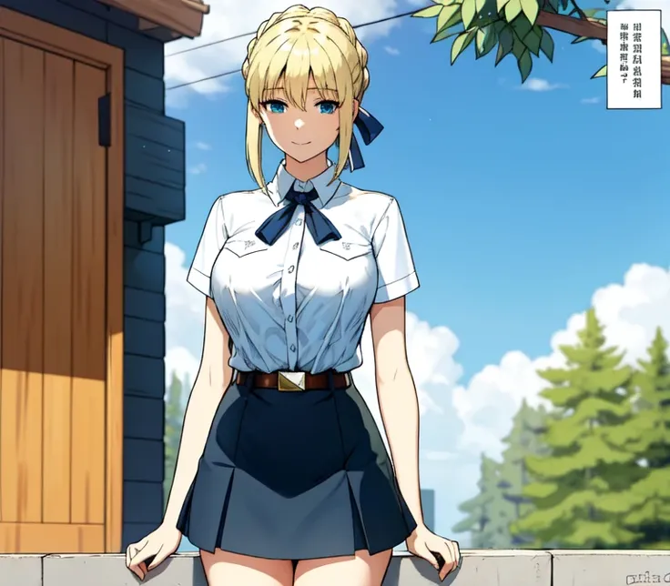 one very young slim fit girl, full height, rounded face, big blue eyes, shy smile, perfect huge breasts, pioneer neckerchief, micro tight blue pleated skirt, bangs, tight white shirt, short sleeves, collared shirt, belt, red neckerchief, breast pocket, bra...