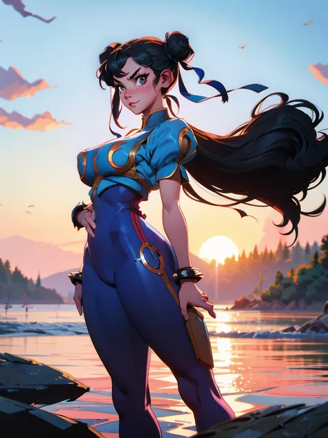 roupa azul,solo, low lighting, chun li masterpiece, best quality, agrias, grey sweater, black leotard, standing, looking at viewer, black hair,angry,smile,sunset,lago, reflexo na agua, por do sol
