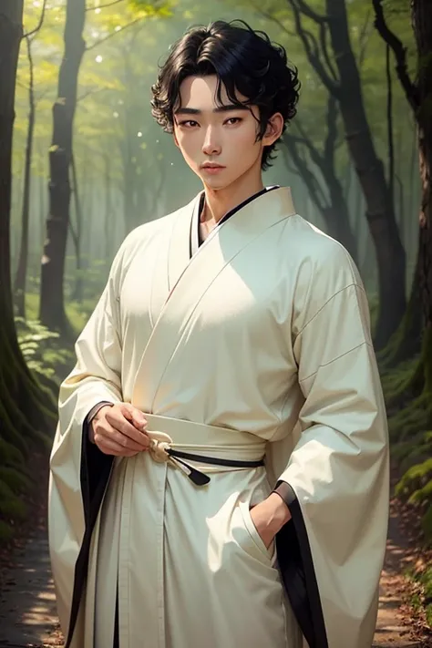 Create an adorable image of a young handsome Japanese guy with big green eyes, very real skin face and a perfect body, wearing white and gold cream kimono and curly black hair. Imagine him walking in the woods, in a Ghibli style.