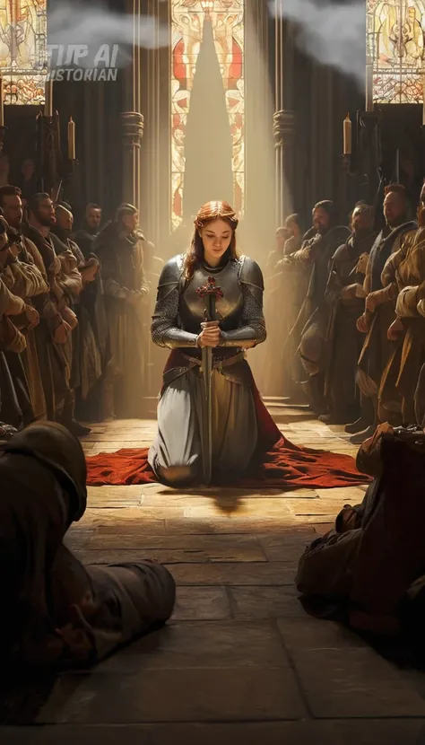 arafian is kneeling in a church with a sword in his hand, graphic artist magali villeneuve, wojtek fus, female redhead templar, ...