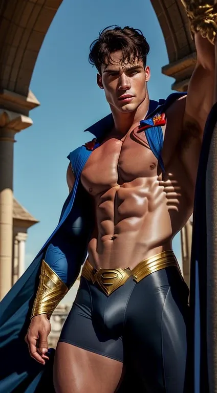 (Very detailed 8K wallpaper.), Middle shot of a young male model, blue eyes, brown hair, strong jaw, fit the body, which tall, full body, Prince Aesthetics, gothic architecture, shirtless, soft light,Superman costume