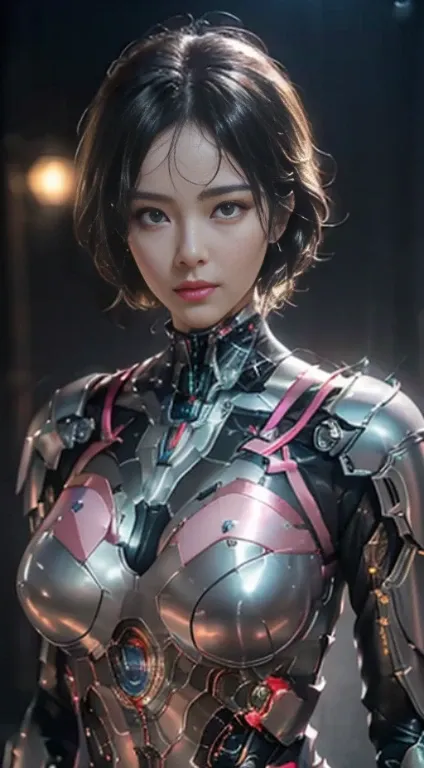 pi8k, pieces fly, Raw photo, highest quality、cinematic light, Lens flare, ray tracing, (very beautiful face, beautiful lips, beautiful eyes), face with intricate details, ((super dense skin)) 1 girl, Pink Power Ranger、woman、realistic、write, shiny suit、Powe...