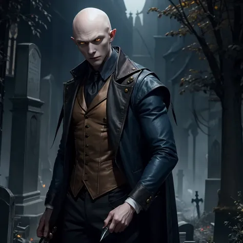 Nosferatu pale skin man without hair dark blue jacket Steampunk muscular build sleeveless jacket yellow eyes black shirt with a knife in his hand looking straight at the viewer on a night cemetery background 