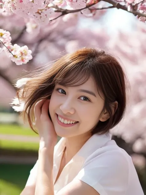 (Close-up of a girl with small breasts and short hair in a collared blouse:1.5)、(The girl spreads her arms wide with a small smile、Let your hair fly in the wind :1.5)、(Rows of cherry blossom trees in full bloom and cherry blossom petals dancing in the wind...