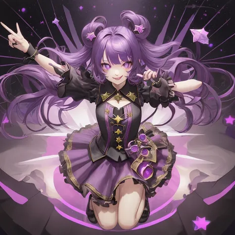 Star love, gloves, tongue sticking out, tongue, long hair, star (symbol), view audience, (purple hair: 1.2), purple eyes, Upper body, hair ornaments, frills, pink shirt, smile, No sleeve, shirt, Idol, symbol shaped pupil, raised his hand, bangs, one side u...