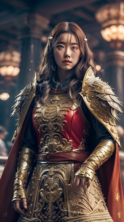 ((masterpiece))), (((best quality))), ((ultra-detailed)), (hyperrealistic), (highly detailed CG illustration), cinematic light, photorealistic ,extremely beautiful young lady, light makeup, big breast,  intricate detailed eaba, red cape, spear