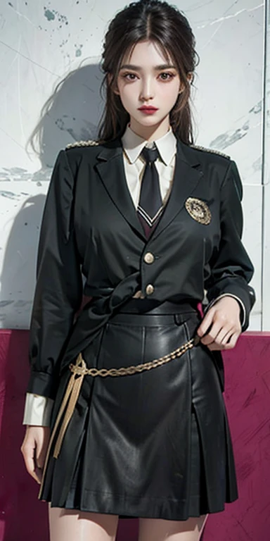 realistic, High resolution, soft light,1 female, alone, hip up, (detailed face),tattoo, jewelry, badge, tie, German/(uniform/), pencil skirt