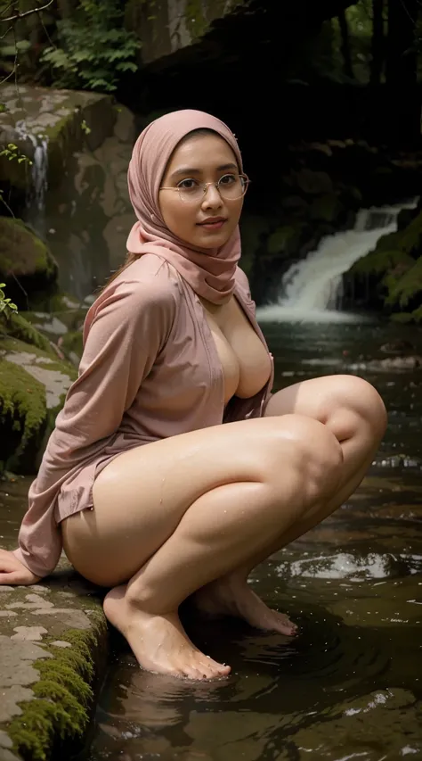 naughty, (iu:0.8),cleavage, RAW, Best quality, high resolution, Masterpiece: 1.3, Beautiful glasses pearl_skinned sexy hijabi malaysian , squat pose , pront view ,pluffy pussy, evening view. forest mossy. waterfall view. water splash. sea view. Masterpiece...