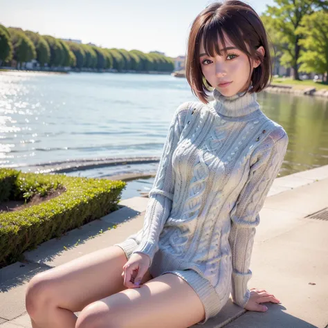 (actual:1.4), best quality, ultra high resolution, 
4K, Instagram,Very detailed, model photos,Instagram,
(turtleneck sweater: 1.5), blue jeans,
Bangs,Smile,
In Lake Park, 
Virtual girl Rin,
 small breasts, short hair,brown hair, brown eyes, black collar,
 