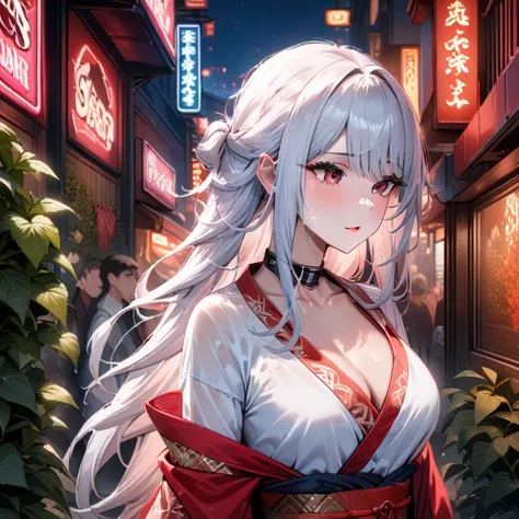 Hyper-realistic 8K CG, masterpiece, ((Super detailed background, Exquisite pattern, intricate details)), best quality, intricate detailss, Color difference, 1 girl, long hair, white hair, messy hair, red highlights, sharp vision, collar, weed wall, neon li...