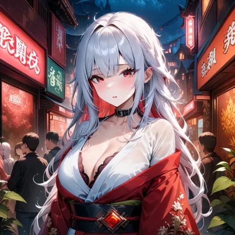 Hyper-realistic 8K CG, masterpiece, ((Super detailed background, Exquisite pattern, intricate details)), best quality, intricate detailss, Color difference, 1 girl, long hair, white hair, messy hair, red highlights, sharp vision, collar, weed wall, neon li...