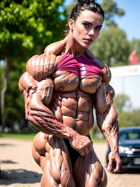 (1 girl:1.25), (cara delevingne:1.25), (a photo of a bodybuilder girl naked on the beach:1.25), (long pink hair:1.25), (huge upper body:1.25), (wide shoulders:1.25), (huge muscular arms:1.45,) (10-pack abs:1.25), (skinny legs), Realistic, Very detailed fac...