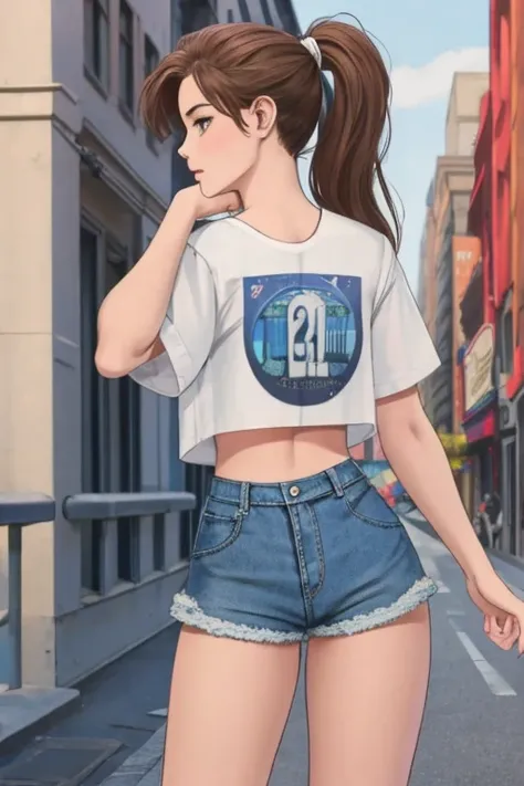 Best qualite, 1 girl 22 years, brown hair, ponytail, denim jacket over white cropped t-shirt, blue denim shorts, white sneakers, cosmopolitan city scene