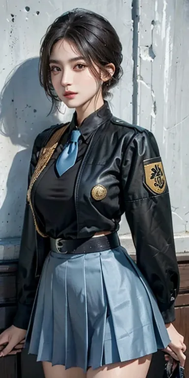 (highest resolution, clear_image), highest quality, masterpiece, very detailed, semi-realistic, woman with shoulder-length black hair, black pupil, mature, mature woman, emperor&#39;s sister, sexy, short hair, triple bang, light blue uniform, light blue un...