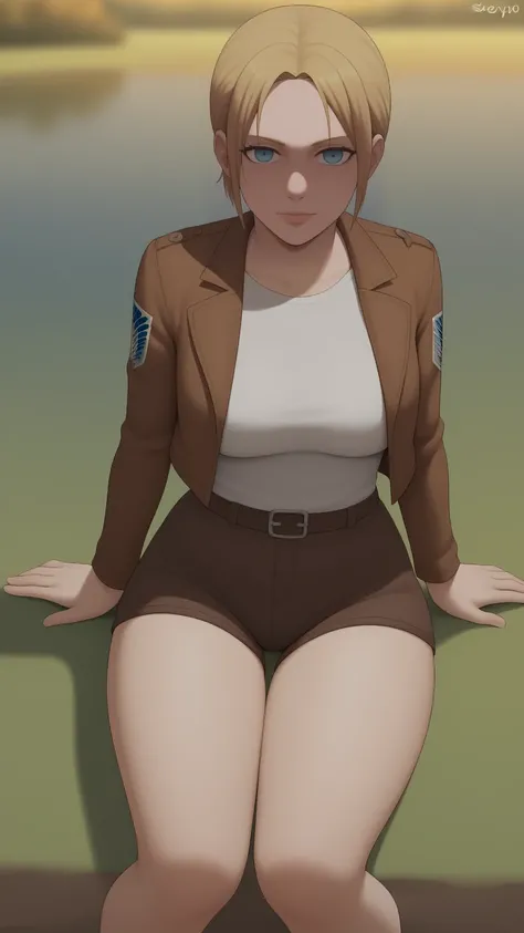 score_9,score_8_up,score_7_up, shexyo, shexyo style, attack on titan, annie leonhart, front view, thighs, thigh focus, leather shorts, white shirt, brown shorts, brown jacket, open jacket, outdoors, lake, grass, sitting on ground, sitting, nature, autumn, ...