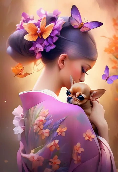 A beautiful woman in a kimono decorated with iris flowers stands like a beautiful model、holding a small chihuahua in his arms,,whole body,Butterflies dance,Iris flowers on the background of the valley, background number 28,beautiful digital illustrations, ...