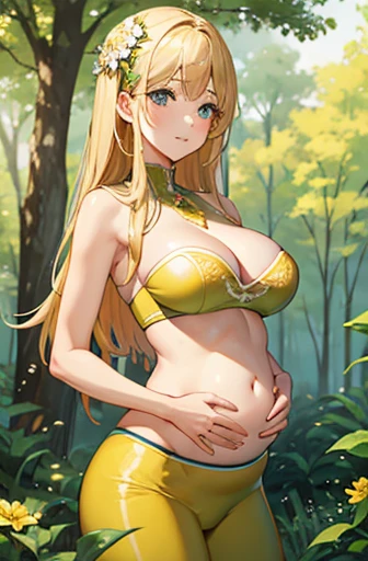 (best quality,a high resolution),pregnant austrian woman,belly,Bare belly,Beautiful detailed eyes,golden hair,perfect makeup,fit,Wear a strapless top,leggings,huge breasts，Thin，Putting his hands on her exposed belly,17 years old,Intense pregnancy glow,Stun...