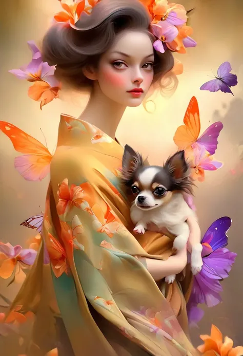 A beautiful woman in a kimono decorated with iris flowers stands like a beautiful model、holding a small chihuahua in his arms,,whole body,Butterflies dance,Iris flowers on the background of the valley, background number 28,beautiful digital illustrations, ...