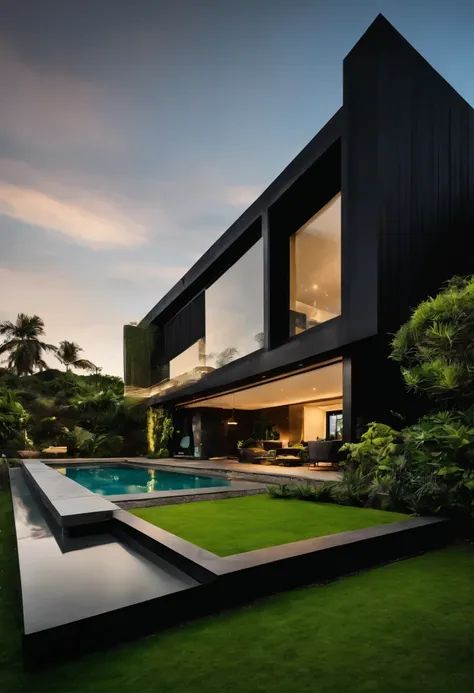 Modern Black House Design, Green garden around the house, Carretera delantera negra, arquitectura moderna, vidrio entero, luz solar, playa