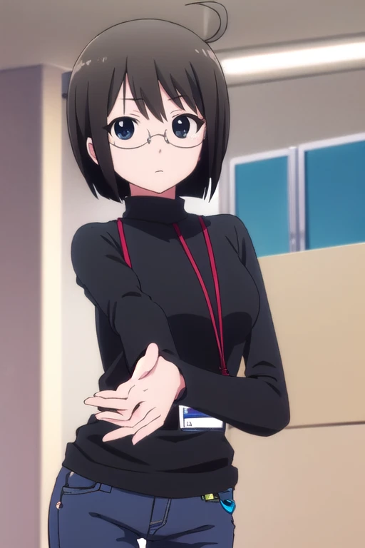 lucyyamagami, lucy yamagami, short hair, black hair, (black eyes:1.5), ahoge, glasses,
BREAK pants, sweater, turtleneck, id card, lanyard,
BREAK indoors, office,
BREAK looking at viewer, (cowboy shot:1.5),
BREAK (masterpiece:1.2), best quality, high resolu...