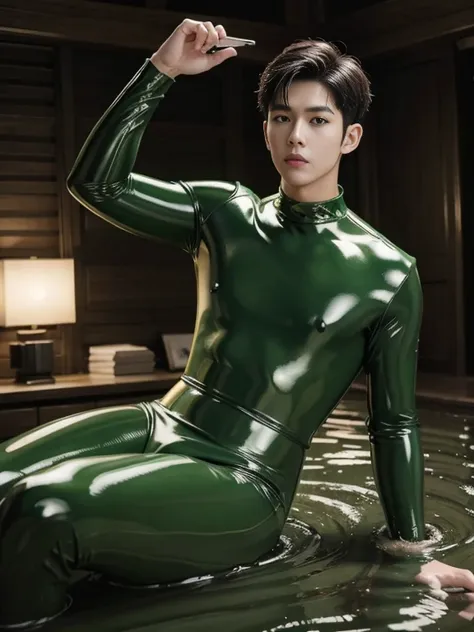 Swampland Green Shiny Latex Set Young Korean Male Full Body Photo Trapped in a Mud Tight Latex Set ,  epic reality , epic photorealistic , ultra realism , handsome