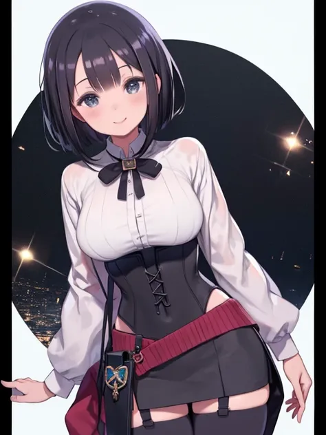 masterpiece, highest quality、Medium wide shot、cowboy shot、 1 Mature busty woman、black haired woman、bob hair、white shirt、corset jumper skirt、black stockings、smiling、